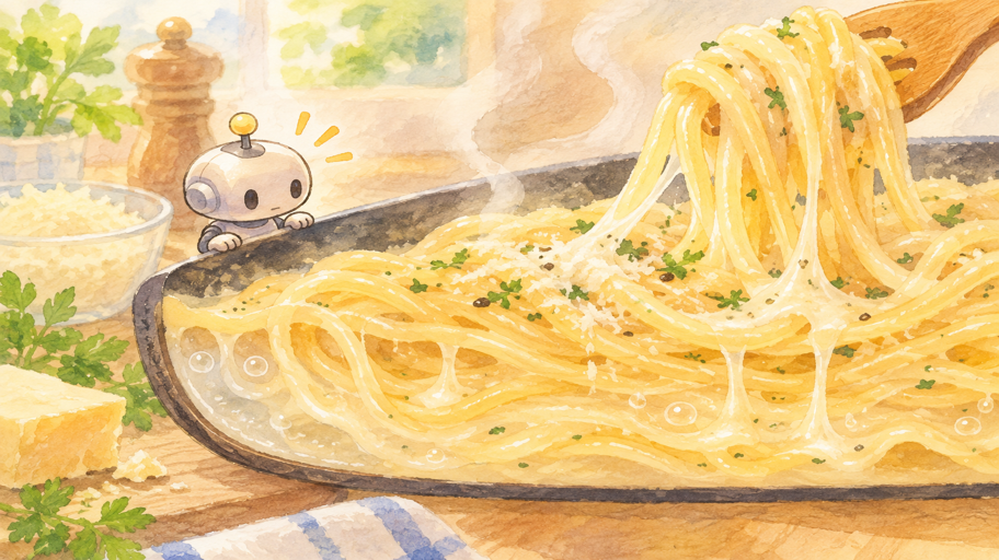 ゆで汁とチーズが、ソースの足場をつくる
