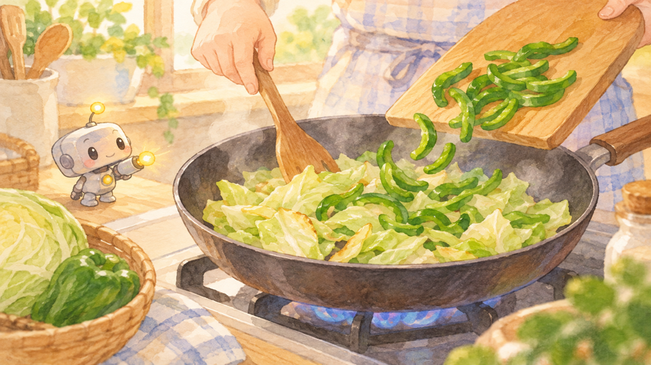 野菜の火入れは、フライパンと時間差で