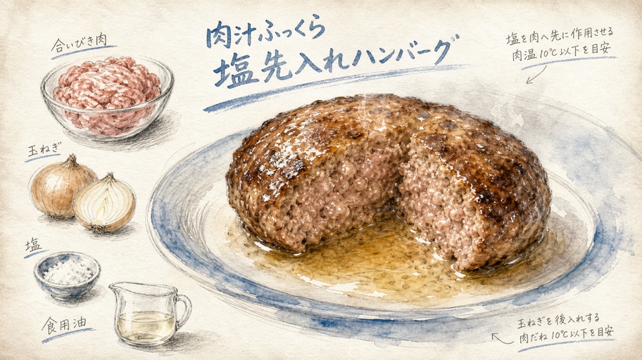 塩を先にひと振り。ピリドが支える、肉汁ふっくらハンバーグ