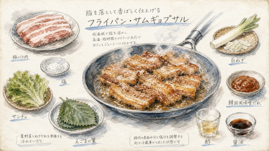 香ばしさの半歩手前で、焦げの影アクリが見張るサムギョプサル