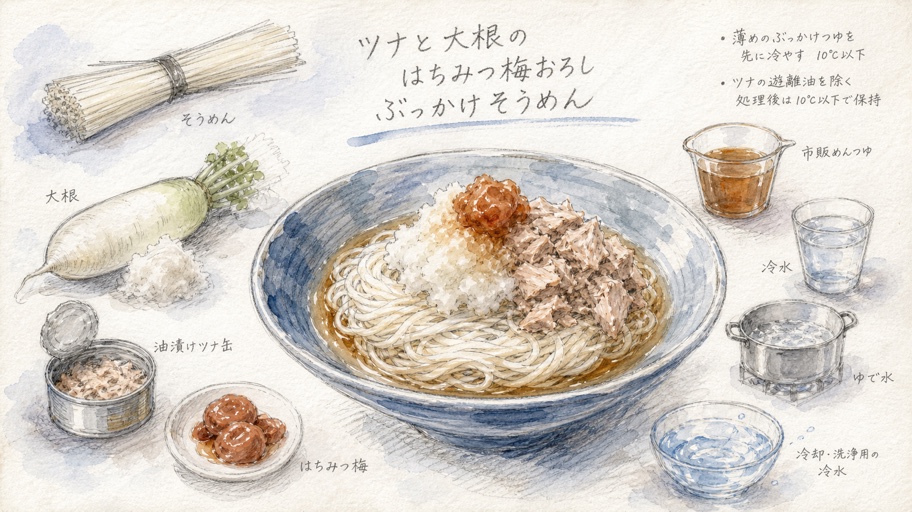 めんつるんの、辛味がひらく梅おろしそうめん案内