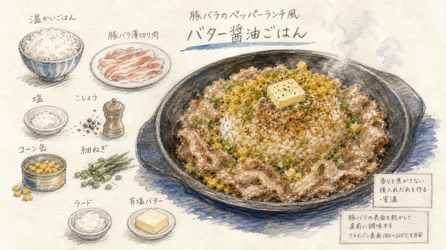 焼き色は先、香りはあと。メラノの豚バラ・バター醤油ごはん案内