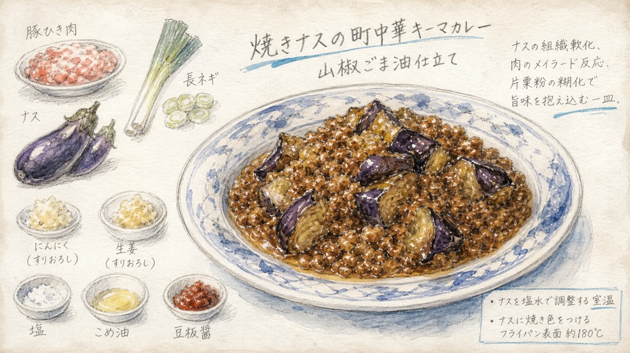 最後のひと呼吸で景色を変える、焼きナス町中華キーマ