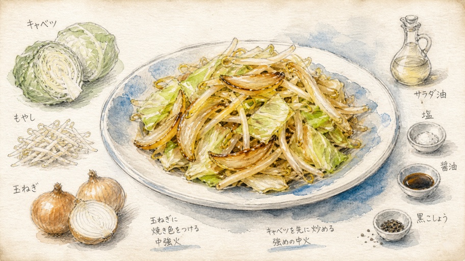 茶色い果実をひと皿に。香ばし玉ねぎのキャベツともやし炒め