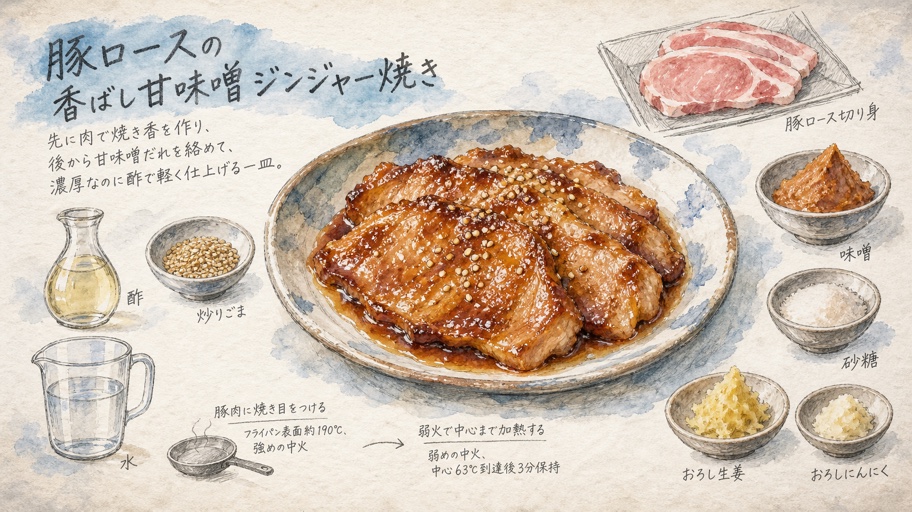 私は味噌だれの奥で、豚ロースを香ばしく変える