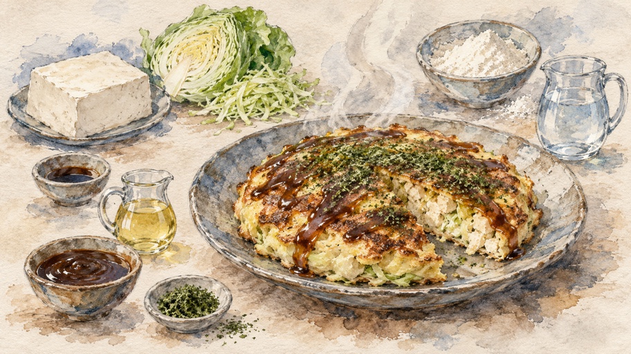 豆腐の水分、わたしが整えます。卵なしお好み焼き風のふんわり設計