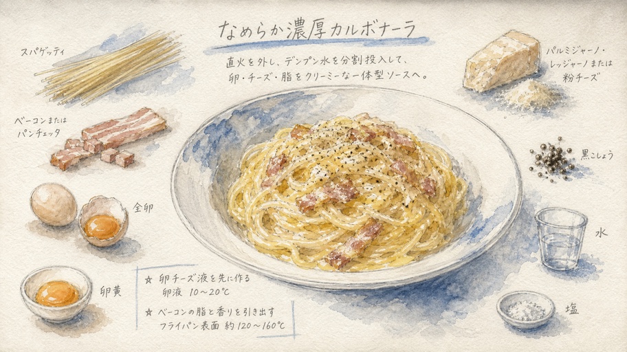 黄色いリボりん、カルボナーラの脂をなめらかにつなぐ